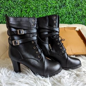 Black Strappy Heel Calf Boots